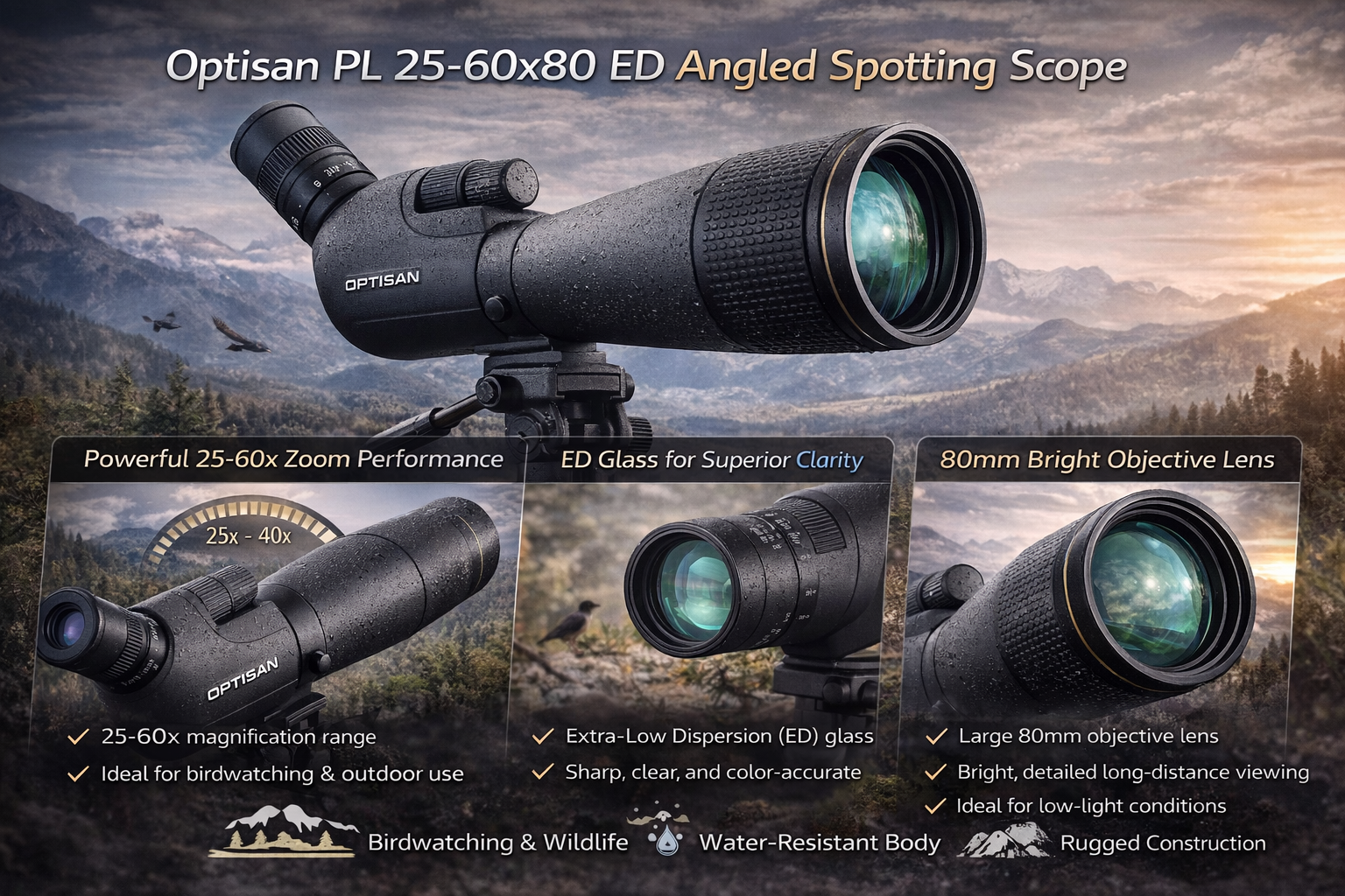 Optisan PL 25-60X80 ED Angled Spotting Scope