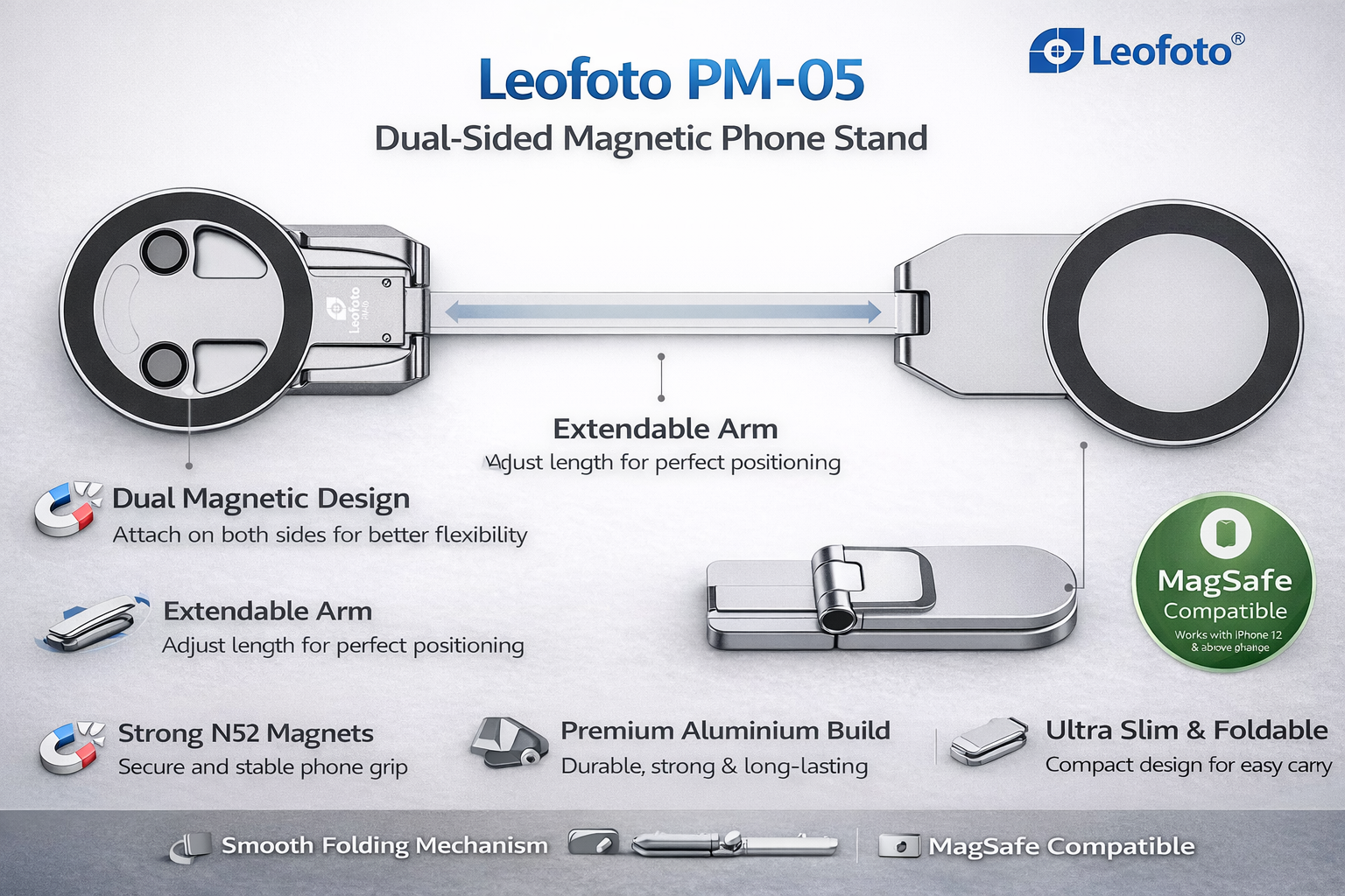 Leofoto PM-05 Dual-Sided Magnetic Foldable Phone Stand - Silver